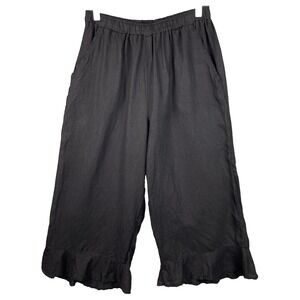 Match Point Pants Womens Small Black Wide Leg Linen USA Made Pull On Comfort